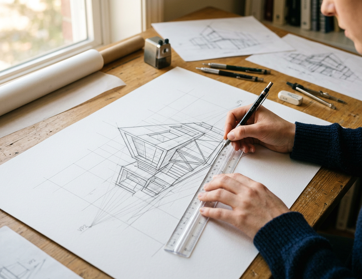 Person im blauen Pullover zieht mit Bleistift und Lineal präzise Perspektivlinien einer geometrischen Gebäudeskizze auf weißem Papier. Auf dem Holztisch daneben weitere Skizzenblätter, Druckbleistifte, Zirkel, Radiergummi, Anspitzer und eine Papierrolle.