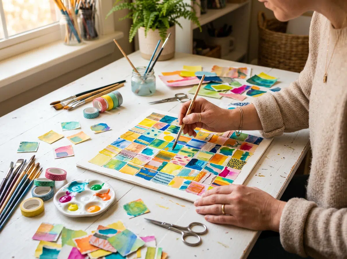 Frau in beigem Pullover arbeitet an einem weißen Tisch an einer bunten Raster-Collage in Gelb, Blau und Orange. Um sie herum bunte Papierschnipsel, Washi-Tape, Pinsel, Palette, Schere und ein Wasserglas. Im Hintergrund ein Farn und Pinsel in einem Glas.