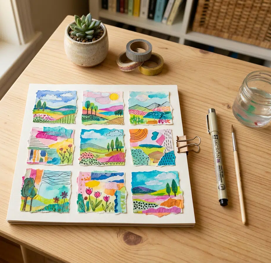 Helles Holzpult mit einem 3×3-Raster-Collage aus neun kleinen Aquarelllandschaften in leuchtenden Farben mit Bäumen, Hügeln, Wolken und Blumen. Daneben Sakura Micron Fineliner, Pinsel, Wasserglas, Washi-Tape-Rollen und eine kleine Sukkulente.