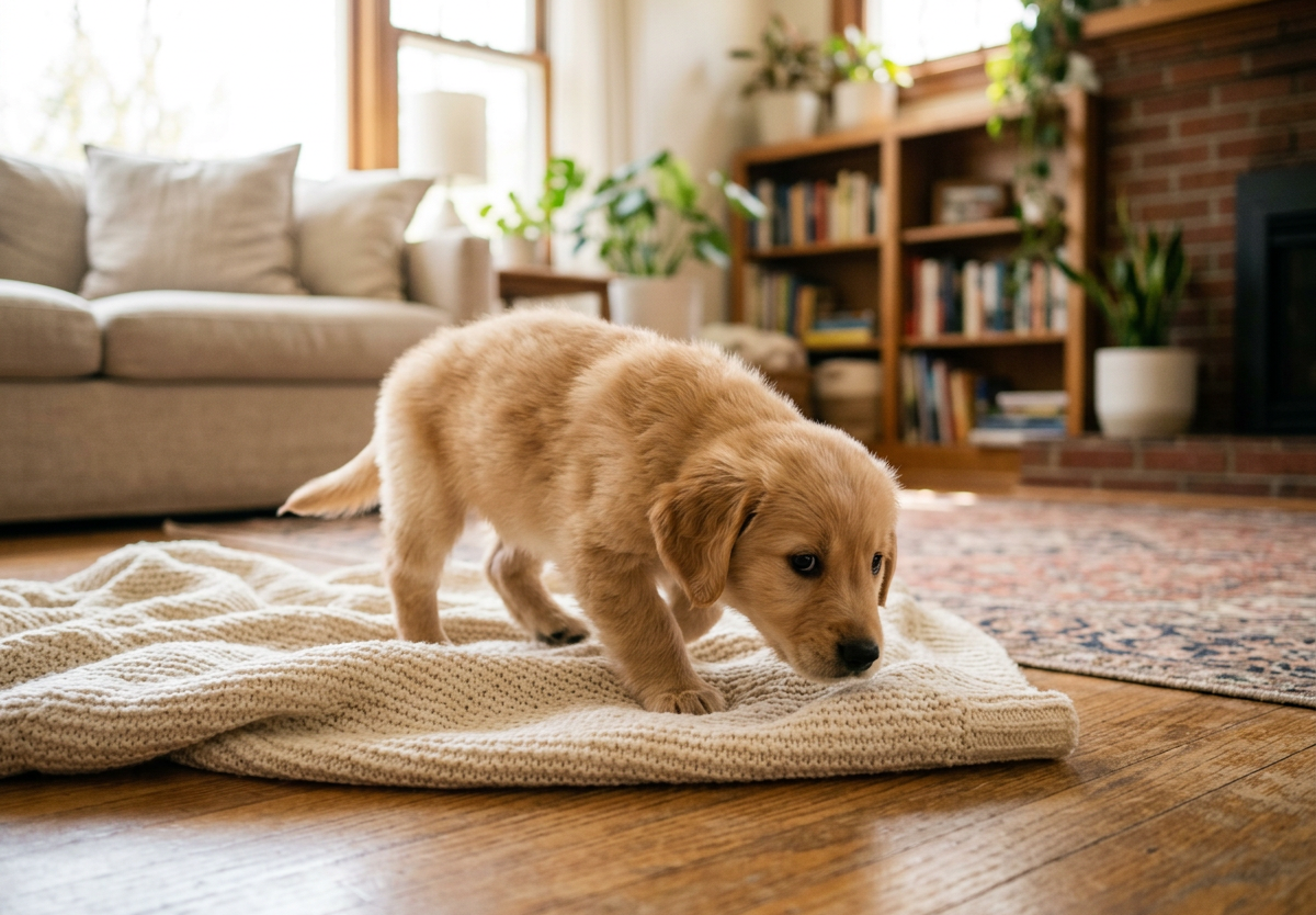 Kleiner Golden-Retriever-Welpe schnüffelt neugierig an einer cremefarbenen Strickdecke auf einem Holzparkett. Im Hintergrund ein helles, gemütliches Wohnzimmer mit Sofa, Bücherregal, Zimmerpflanzen und einem Kamin aus Ziegelstein.