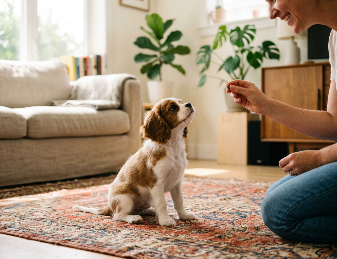 Cavalier-King-Charles-Spaniel-Welpe sitzt aufmerksam auf einem gemusterten Teppich und schaut zu einer lächelnden Frau auf, die ihm ein Leckerchen hinhält. Im Hintergrund ein helles, mit Zimmerpflanzen dekoriertes Wohnzimmer.