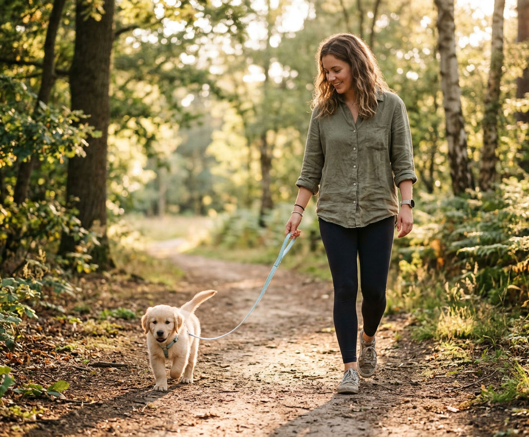Lächelnde Frau in olivgrünem Leinenhemd und schwarzer Leggings spaziert auf einem sonnigen Waldweg mit einem kleinen Golden-Retriever-Welpen an hellblauer Leine. Der Welpe läuft ruhig neben ihr, beide wirken entspannt und harmonisch.