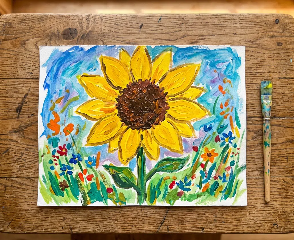 Kindgerechtes Acrylgemälde auf weißem Papier, liegend auf einem rustikalen Holztisch, daneben ein farbfleckiger Flachpinsel. Eine große gelbe Sonnenblume mit braunem Zentrum dominiert das Bild, umgeben von bunten Wiesenblumen in Rot, Blau und Orange vor einem blau-lila Hintergrund.