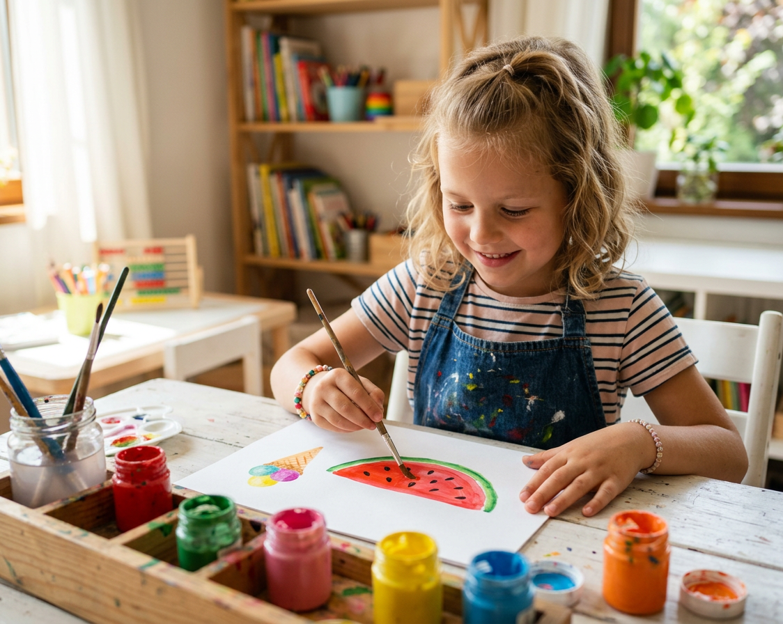 Ein lächelndes Mädchen (ca. 7 Jahre) mit lockigem blondem Haar und Jeanslatzhose sitzt an einem hellen Tisch und malt mit einem Pinsel eine Wassermelonenscheibe. Auf dem Papier ist auch ein Eis zu sehen. Vor ihr eine Holzbox mit bunten Farbtöpfchen und mehrere Pinsel in einem Glas. Im Hintergrund ein freundlich eingerichteter Kinderraum mit Bücherregal und Pflanzen.