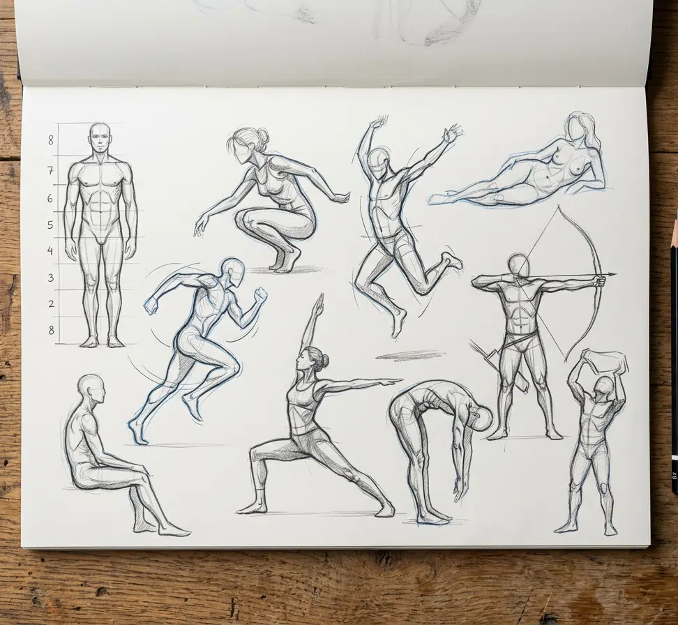 Skizzenbuch mit vielfältigen Bleistiftzeichnungen menschlicher Figuren in dynamischen und statischen Posen, darunter Proportionsstudie, Yoga, Bogenschießen und Laufen.