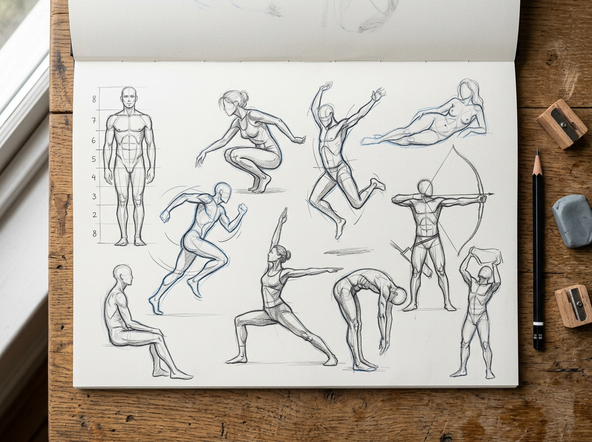 Skizzenbuch mit vielfältigen Bleistiftzeichnungen menschlicher Figuren in dynamischen und statischen Posen, darunter Proportionsstudie, Yoga, Bogenschießen und Laufen.