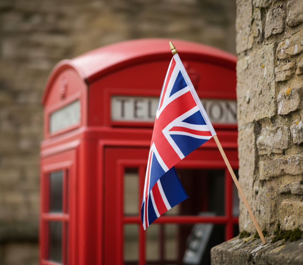 Eine kleine Union-Jack-Flagge auf einem Holzstab lehnt an einer Natursteinmauer, im unscharfen Hintergrund eine klassische rote britische Telefonzelle mit der Aufschrift „TELEPHONE".
