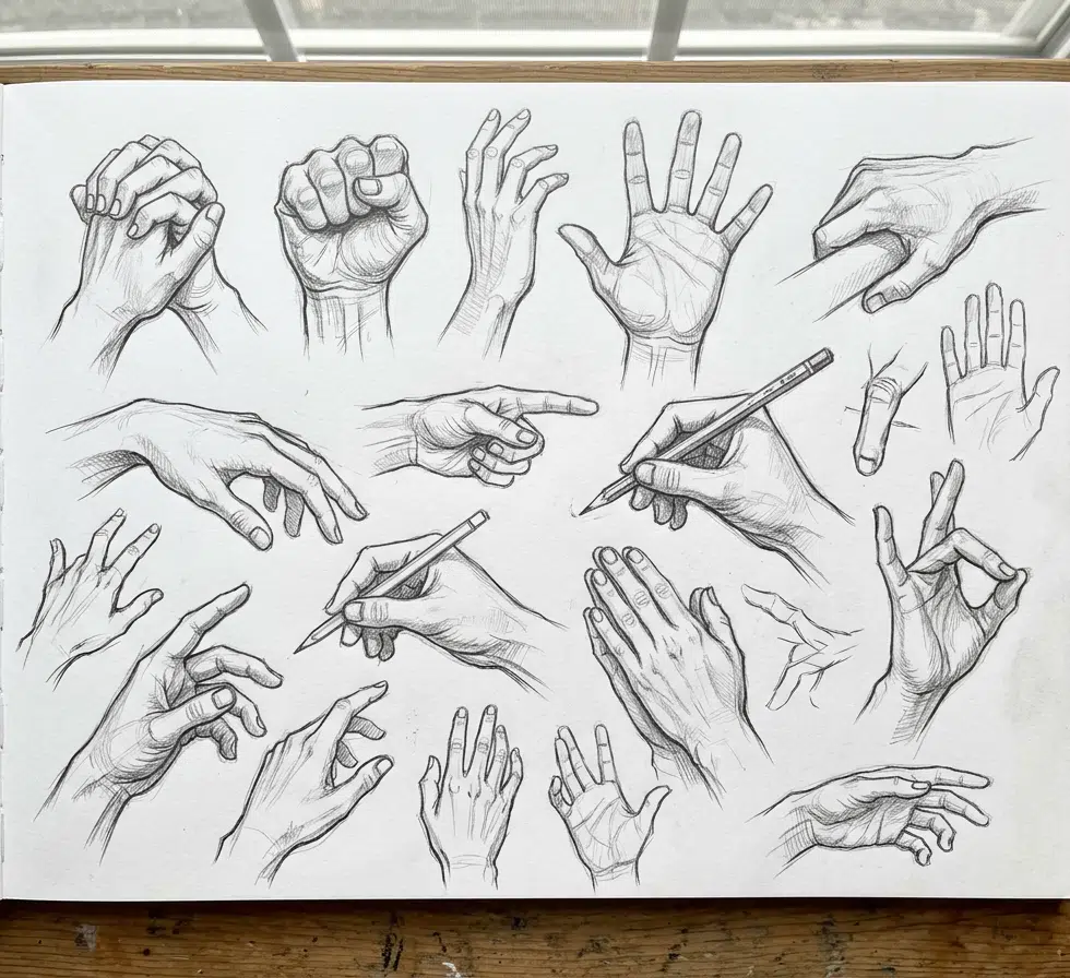 Skizzenbuch mit anatomisch detaillierten Bleistiftzeichnungen menschlicher Hände in zahlreichen Gesten und Positionen, darunter Faust, offene Handfläche, zeigende und schreibende Hände.