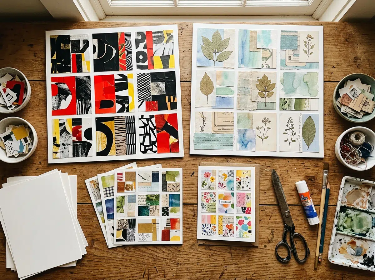 Draufsicht auf einen Holztisch mit zwei großen Raster-Collagen: links eine 3×3-Collage in Schwarz, Rot und Gelb mit abstrakten Formen und Mustern, rechts eine zarte Variante mit gepressten Blättern und Aquarellfeldern in Grün und Blau. Darunter kleinere Collagekarten in verschiedenen Stilen. Daneben Scheren, Klebestift, Pinsel, Aquarellpalette und Schalen mit Papierschnipseln.