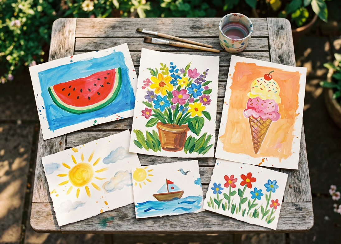Sechs bunte Kinderaquarelle auf einem verwitterten Holztisch im Garten, daneben zwei Pinsel und ein Wasserglas. Die Motive: eine Wassermelonenscheibe auf blauem Grund, ein Blumenstrauß im Tontopf, eine Eiswaffel mit zwei Kugeln und Kirsche, eine strahlende Sonne mit Wolken, ein Segelboot auf blauem Wasser und rote sowie blaue Wiesenblumen. Im Hintergrund Blumensträucher.