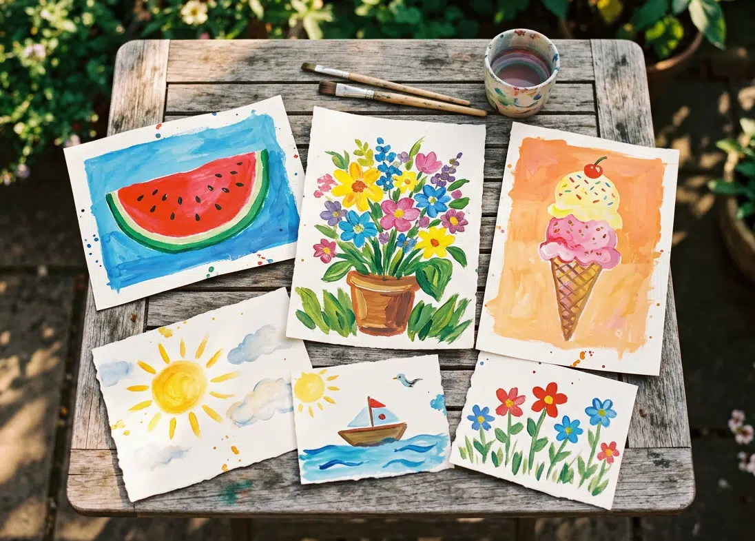 Sechs bunte Kinderaquarelle auf einem verwitterten Holztisch im Garten, daneben zwei Pinsel und ein Wasserglas. Die Motive: eine Wassermelonenscheibe auf blauem Grund, ein Blumenstrauß im Tontopf, eine Eiswaffel mit zwei Kugeln und Kirsche, eine strahlende Sonne mit Wolken, ein Segelboot auf blauem Wasser und rote sowie blaue Wiesenblumen. Im Hintergrund Blumensträucher.