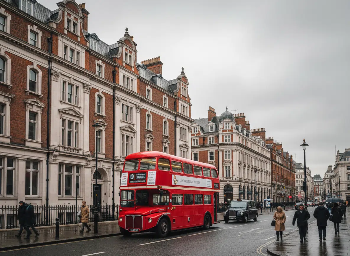 Klassische Londoner Stadtszene an einem bewölkten, regnerischen Tag: Ein roter Doppeldeckerbus fährt an viktorianischen Backsteingebäuden entlang, daneben ein schwarzes Londoner Taxi und Passanten mit Schirmen. Im Hintergrund eine geschwungene Straße mit weiteren historischen Fassaden.