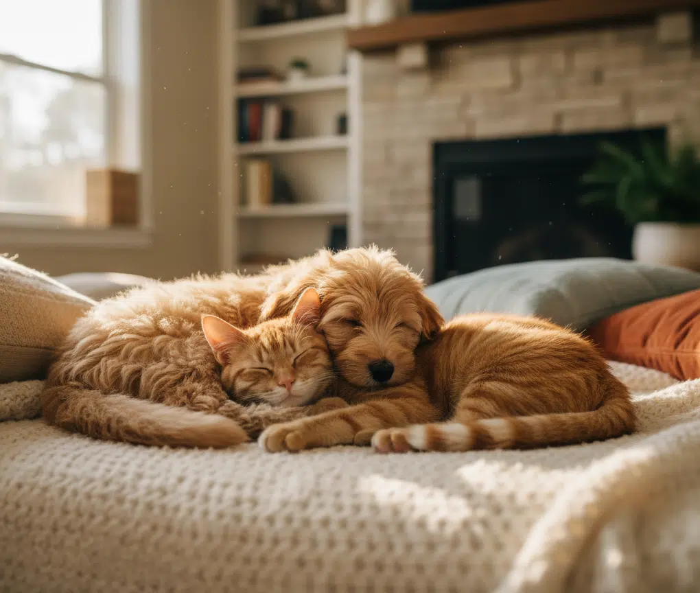 Eine orangefarbene Katze und ein goldbrauner Welpe liegen eng aneinandergeschmiegt schlafend auf einer weißen Strickdecke im Sonnenlicht. Im Hintergrund ein helles, gemütliches Wohnzimmer mit Kamin, Bücherregal und bunten Kissen.