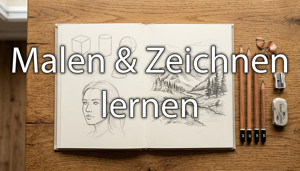 Offenes Skizzenbuch mit verschiedenen Zeichnungen auf Holztisch. Overlay Schrift: Malen & Zeichnen lernen.