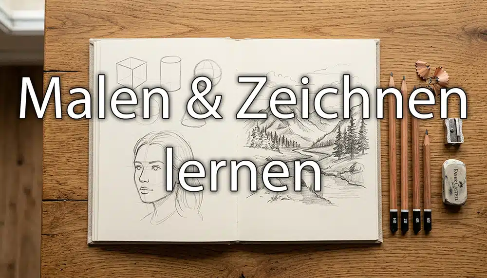 Offenes Skizzenbuch mit verschiedenen Zeichnungen auf Holztisch. Overlay Schrift: Malen & Zeichnen lernen.