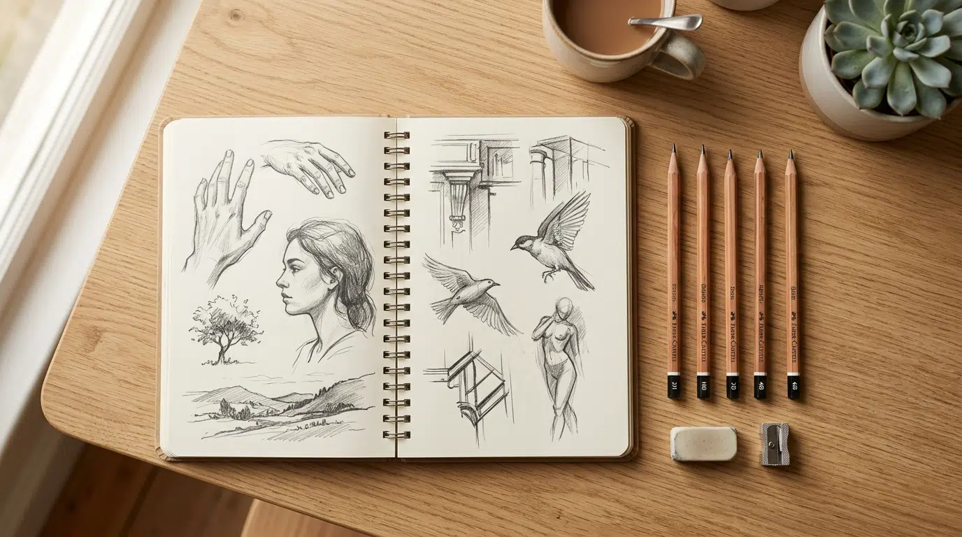 Skizzenbuch mit vielfältigen Bleistiftzeichnungen auf einem Holztisch, daneben Faber-Castell-Bleistifte und Zeichenzubehör.