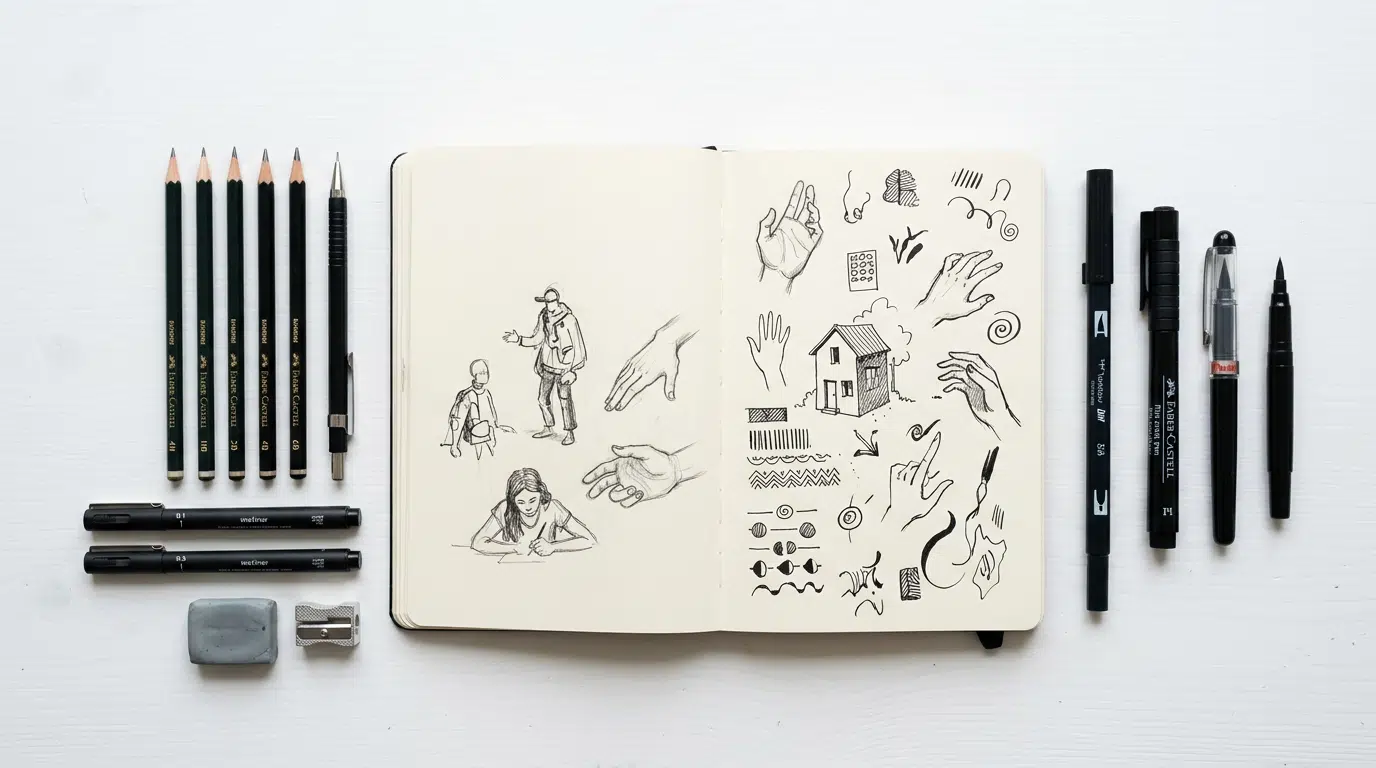 Verschiedene Zeichentechniken auf einem Tisch: Bleistift, Fineliner, Skizzenbuch