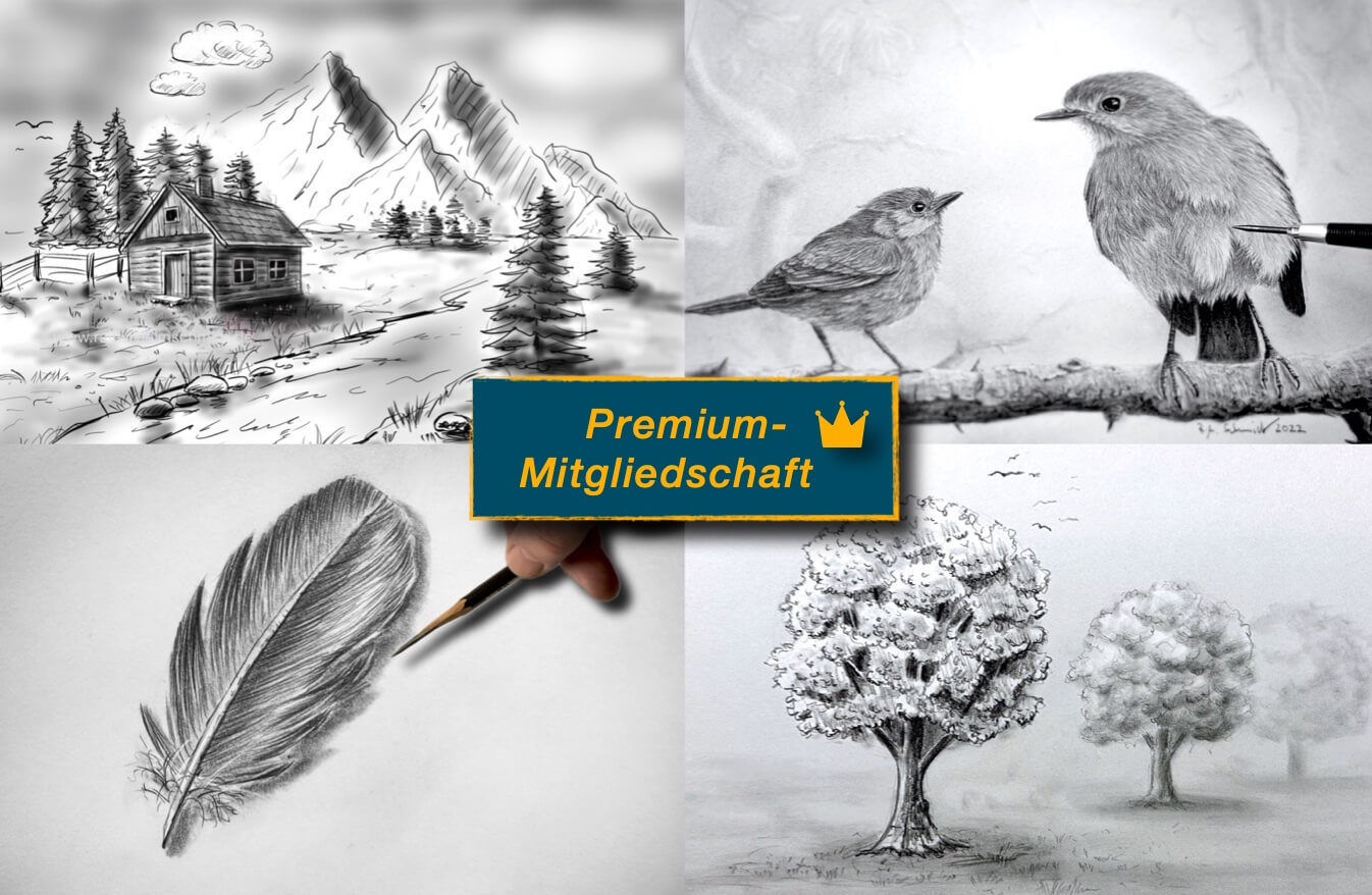 Collage aus vier Bleistiftzeichnungen mit einem zentralen Label „Premium-Mitgliedschaft" mit goldener Krone: oben links eine Berglandschaft mit Almhütte und Nadelbäumen, oben rechts zwei realistische Vögel auf einem Ast (einer davon im Entstehungsprozess mit Bleistift), unten links eine detaillierte Federzeichnung mit zeichnender Hand, unten rechts zwei Laubbäume in verschiedenen Ausführungsstufen.