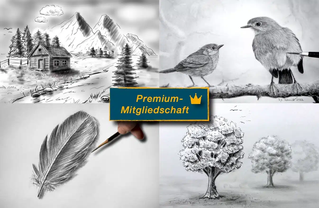 Collage aus vier Bleistiftzeichnungen mit einem zentralen Label „Premium-Mitgliedschaft" mit goldener Krone: oben links eine Berglandschaft mit Almhütte und Nadelbäumen, oben rechts zwei realistische Vögel auf einem Ast (einer davon im Entstehungsprozess mit Bleistift), unten links eine detaillierte Federzeichnung mit zeichnender Hand, unten rechts zwei Laubbäume in verschiedenen Ausführungsstufen.