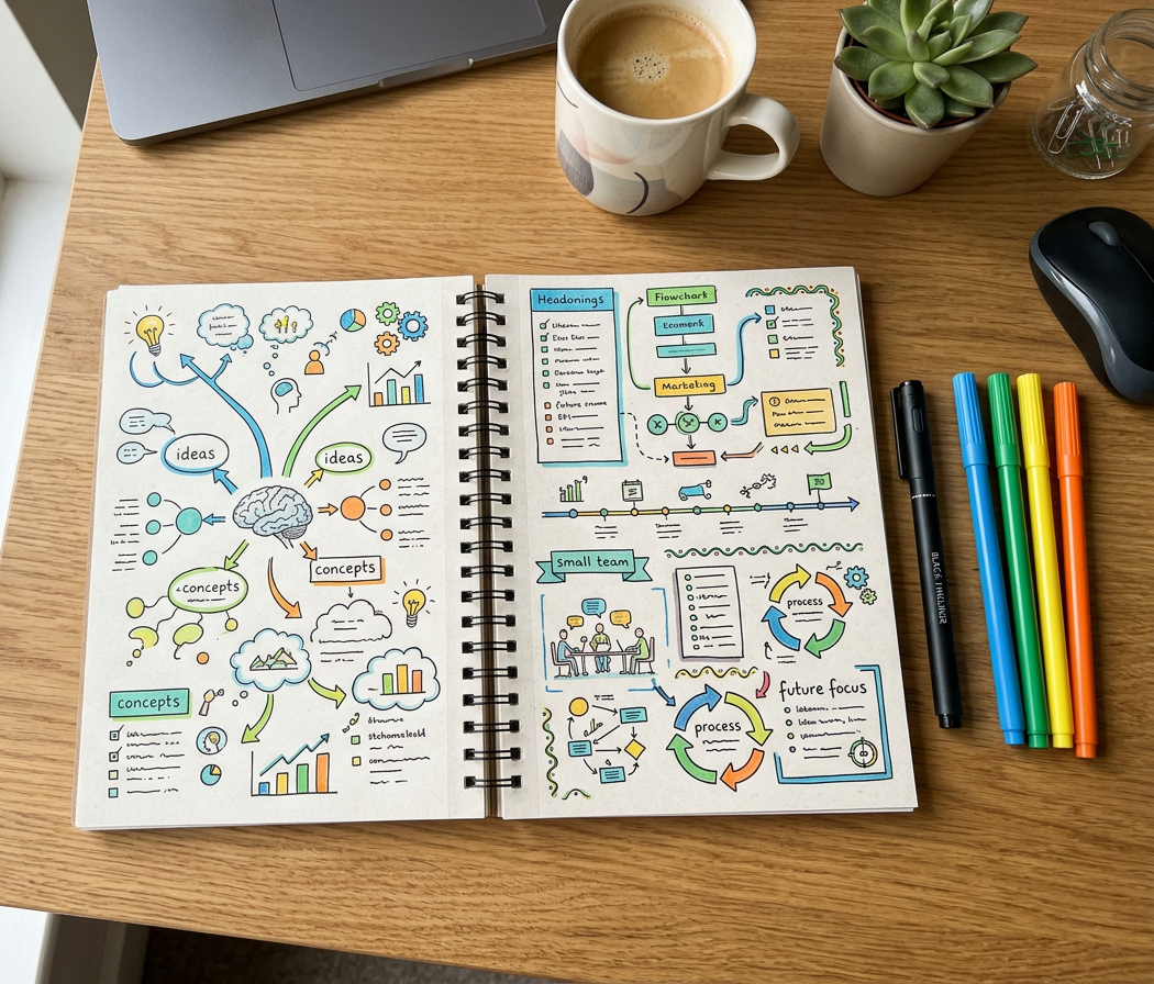 Aufgeschlagenes Spiralskizzenbuch auf hellem Holztisch mit farbigen Sketchnotes: links eine Mind-Map mit Begriffen wie „ideas" und „concepts", rechts strukturierte Layouts mit Überschriften, Flowchart, Zeitstrahl, Teamgrafik und „future focus". Daneben bunte Fineliner, Kaffeetasse, Sukkulente und Laptop.