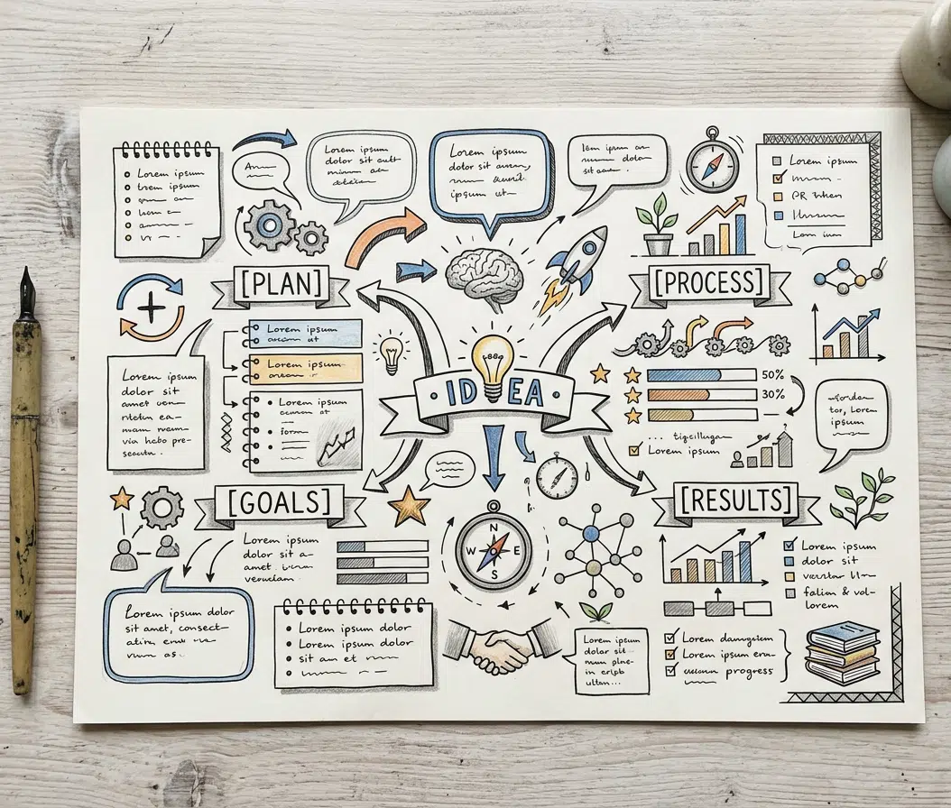 Weißes Papier auf hellem Holztisch mit einer farbigen Sketchnote-Übersicht rund um das zentrale Thema „IDEA". Strukturiert in die Bereiche Plan, Process, Goals und Results mit Glühbirne, Gehirn, Rakete, Kompass, Handschlag, Diagrammen und Lorem-ipsum-Platzhaltertexten. Daneben ein alter Federhalter und zwei Tintengläser.