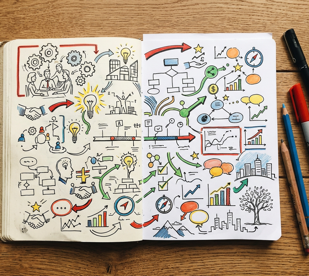 Aufgeschlagenes Skizzenbuch auf Holztisch mit doppelseitigen, farbigen Business-Sketchnotes: Zahnräder, Glühbirnen, Pfeile, Handshakes, Diagramme, Sprechblasen, Stadtsilhouette und Kompasse in Schwarz, Rot, Blau und Gelb. Daneben schwarzer Marker, roter Marker und zwei Bleistifte.