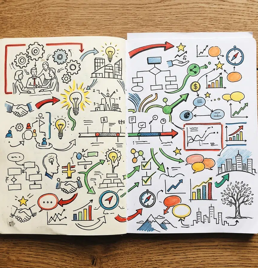 Aufgeschlagenes Skizzenbuch auf Holztisch mit doppelseitigen, farbigen Business-Sketchnotes: Zahnräder, Glühbirnen, Pfeile, Handshakes, Diagramme, Sprechblasen, Stadtsilhouette und Kompasse in Schwarz, Rot, Blau und Gelb. Daneben schwarzer Marker, roter Marker und zwei Bleistifte.