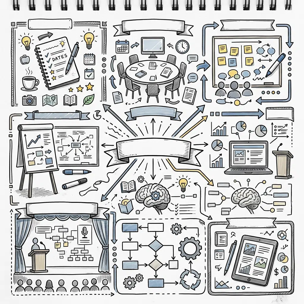 Handgezeichnete Sketchnote auf weißem Papier mit verschiedenen Symbolen für Einsatzbereiche wie Notizen, Meetings, Workshops, Flipcharts, Präsentationen, Lernen, Vorträge, Prozessvisualisierung und digitale Illustration.