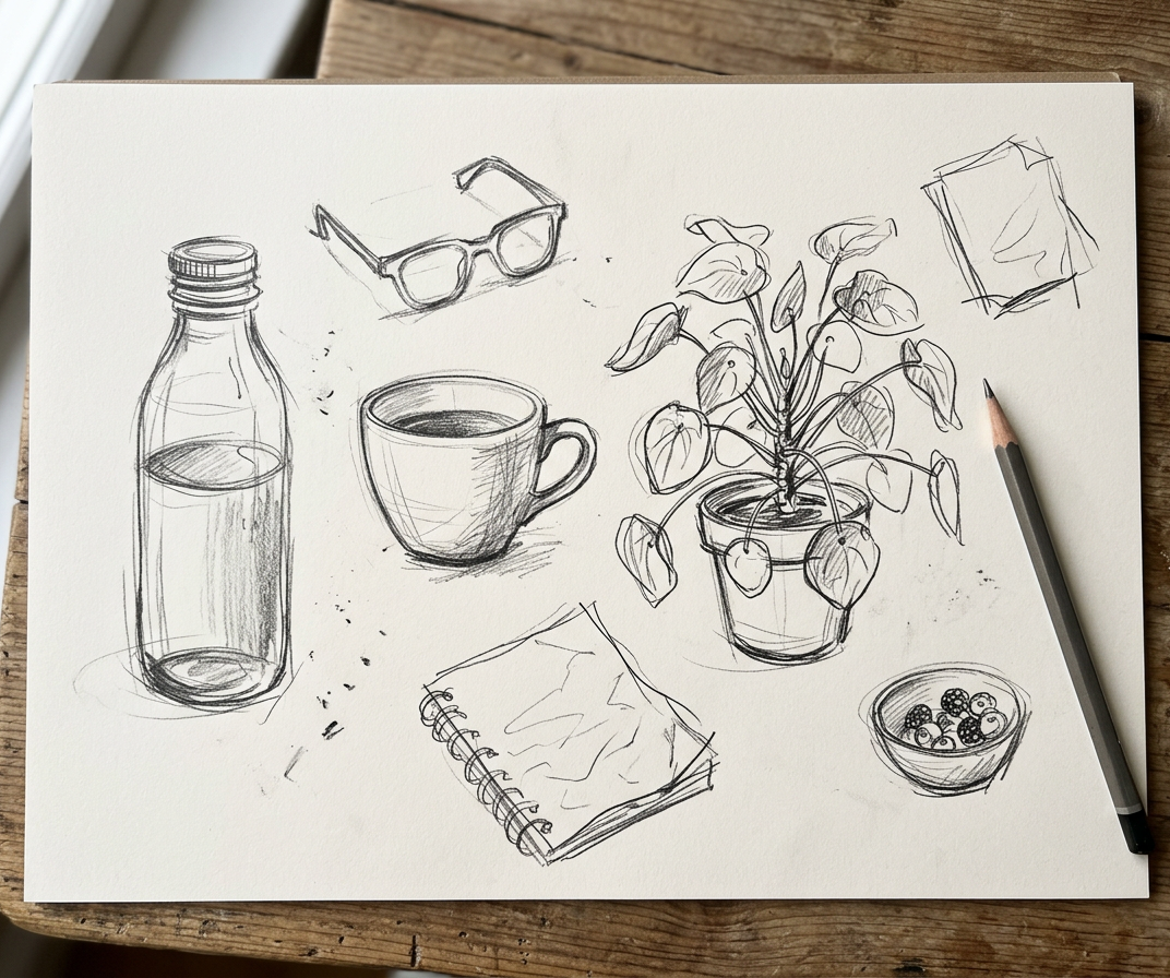 Skizzenpapier auf Holztisch mit lockeren Bleistiftzeichnungen alltäglicher Objekte: Glasflasche, Kaffeetasse, Zimmerpflanze im Topf, Brille, Spiralnotizbuch, Schale mit Beeren und ein Bilderrahmen. Daneben ein Bleistift.