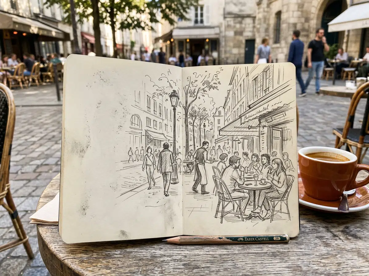 Aufgeschlagenes Moleskine-Skizzenbuch auf einem Café-Tisch im Freien zeigt eine doppelseitige Bleistiftskizze einer Pariser Straßenszene mit Café-Gästen, Passanten und Laternen. Daneben ein Faber-Castell 2B und eine Espressotasse. Im Hintergrund das reale Pariser Straßenbild.