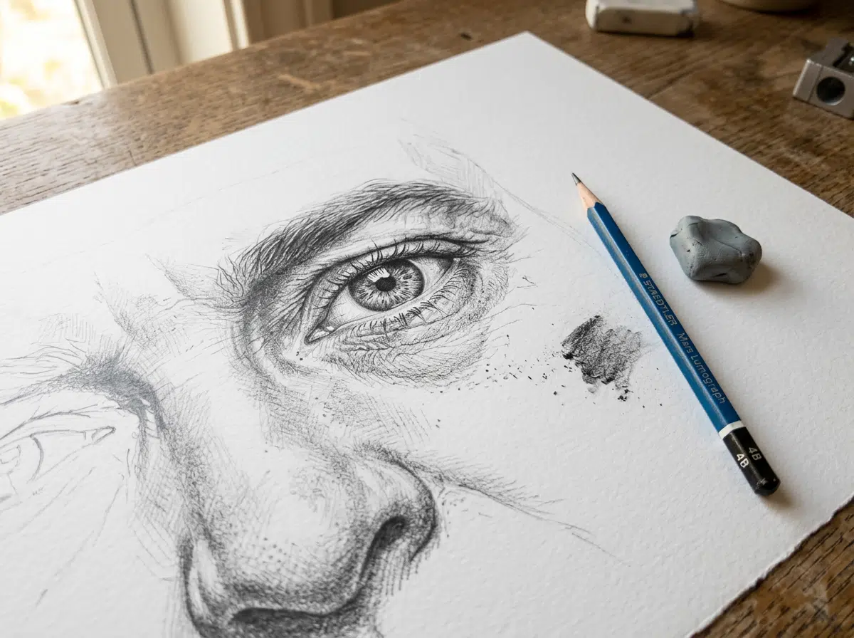 Nahaufnahme einer detaillierten Bleistiftzeichnung eines menschlichen Auges mit Augenbraue und Nasenansatz auf weißem Papier, liegend auf einem Holztisch. Daneben ein Staedtler Mars Lumograph 4B und ein Knetradiergummi.