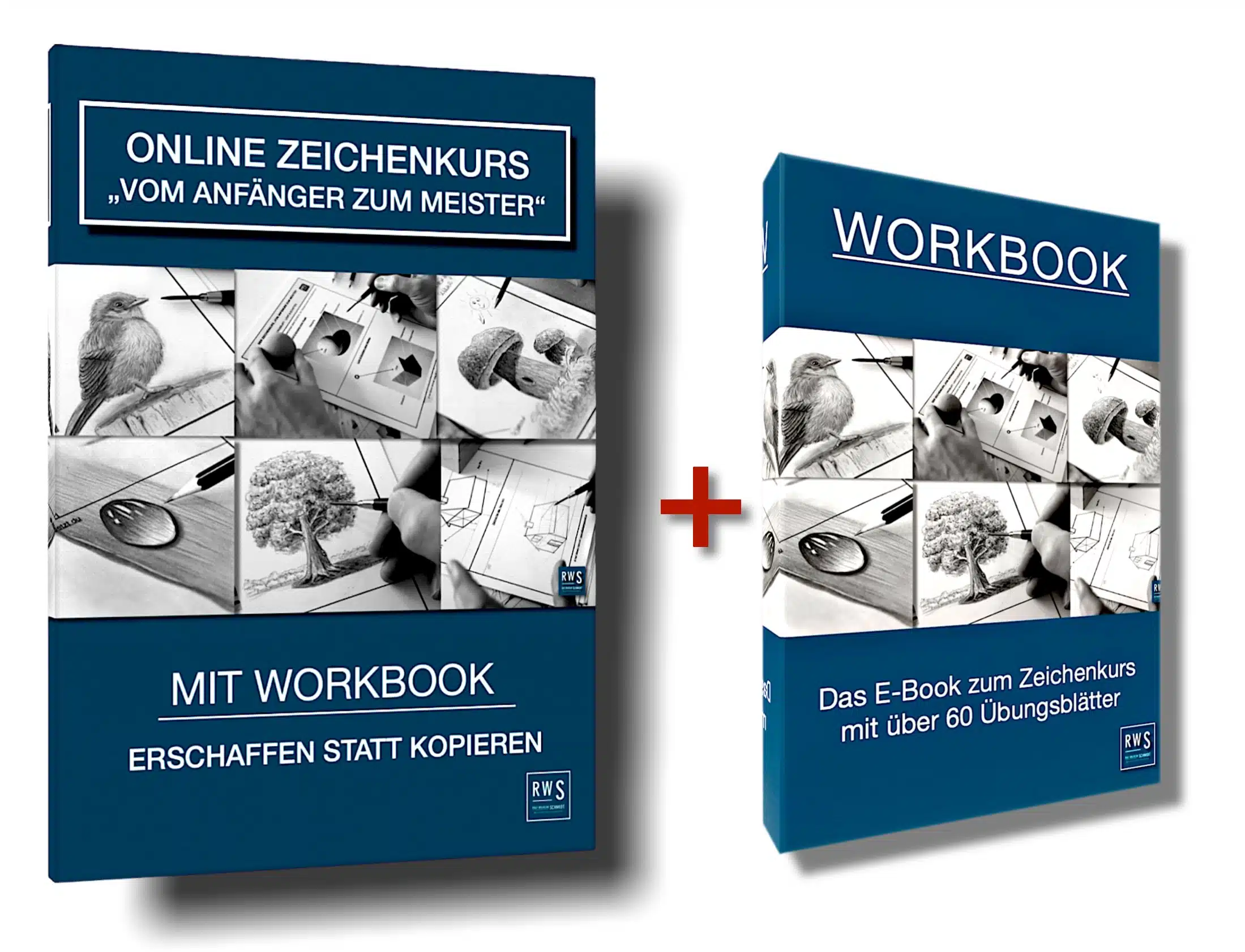 Produktbild des Online-Zeichenkurses „Vom Anfänger zum Meister" (RWS) mit zugehörigem Workbook mit über 60 Übungsblättern.