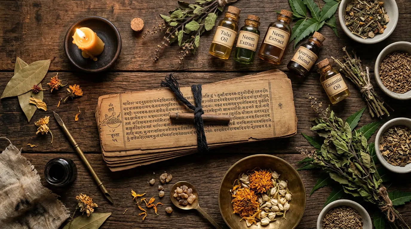 Alte ayurvedische Schriften auf Palmblatt mit Kräutern und Ölfläschchen daneben