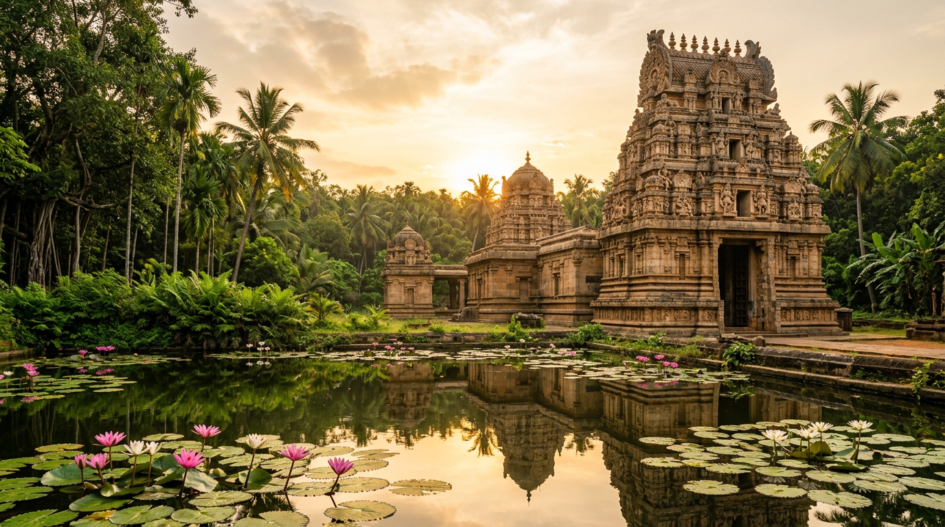 Tempel in Südindien im Morgenlicht mit Lotusblüten im Vordergrund – Ayurveda-Ursprungsland