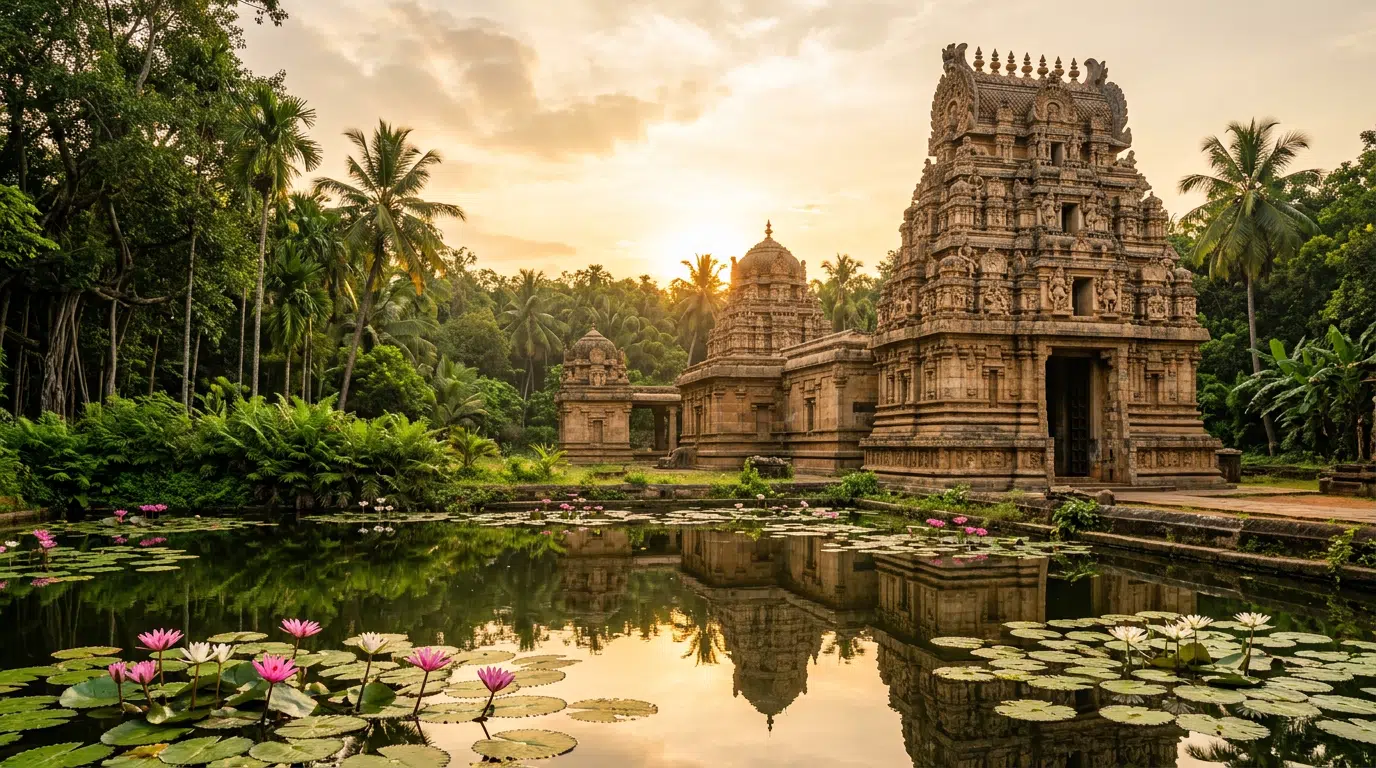 Tempel in Südindien im Morgenlicht mit Lotusblüten im Vordergrund – Ayurveda-Ursprungsland