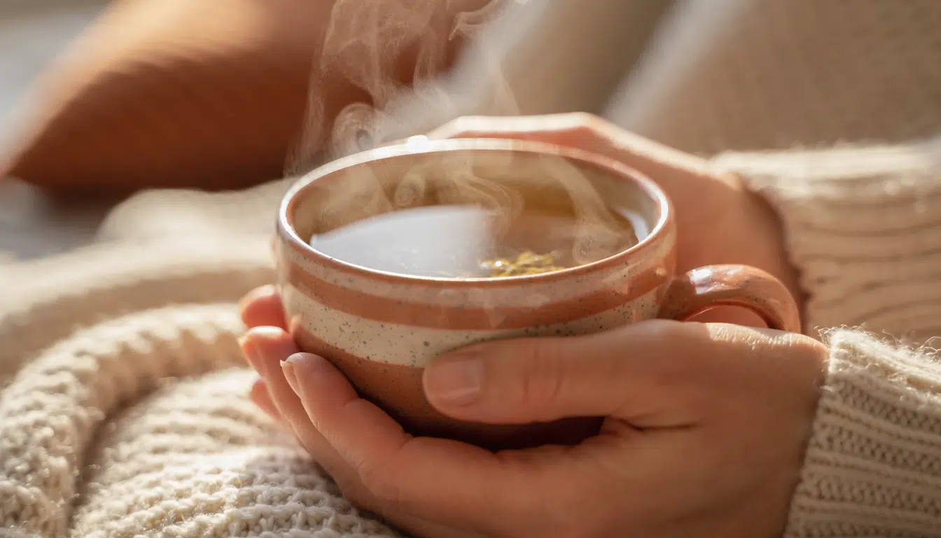 Person hält Tasse mit warmem Tee in ruhiger Morgenatmosphäre – erster Schritt Ayurveda