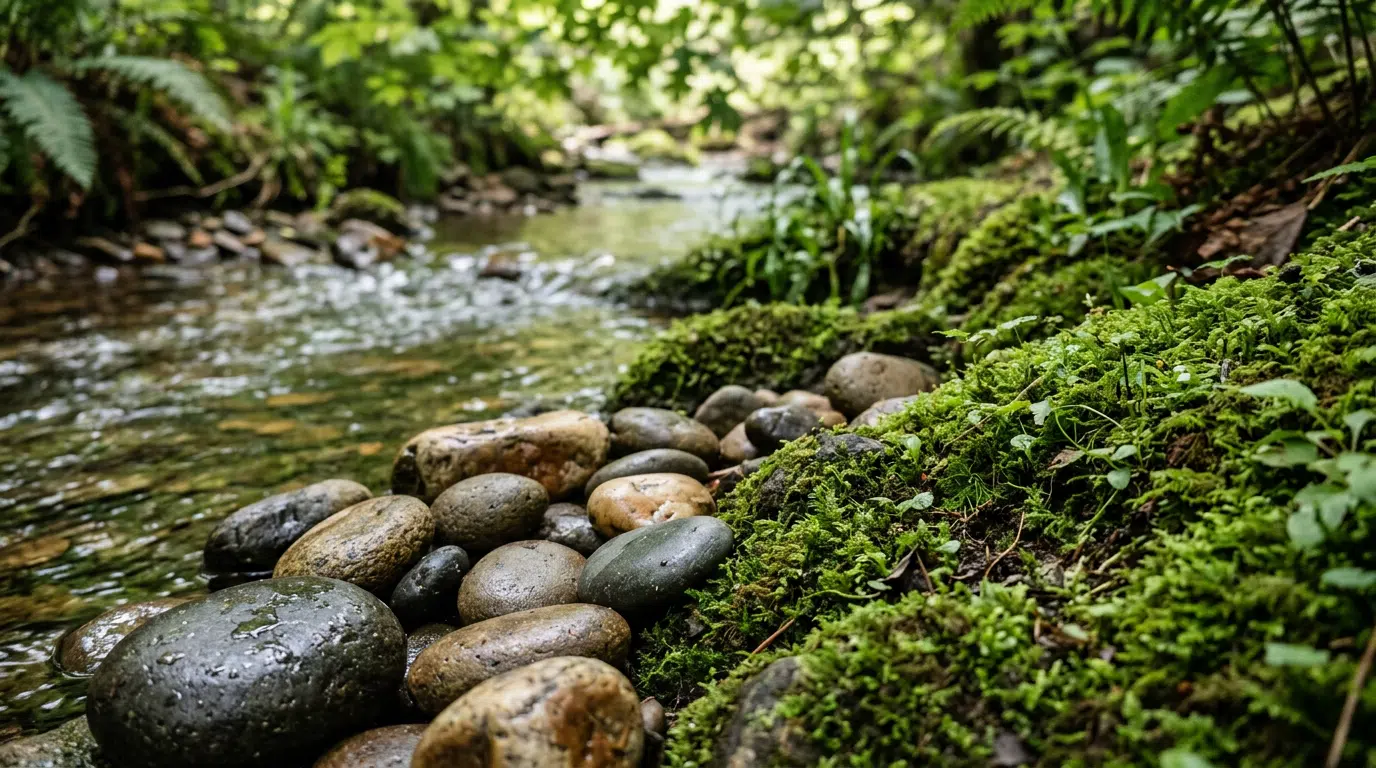 Glatter Stein neben grünem Moos am Bachufer – symbolisiert das Kapha-Dosha