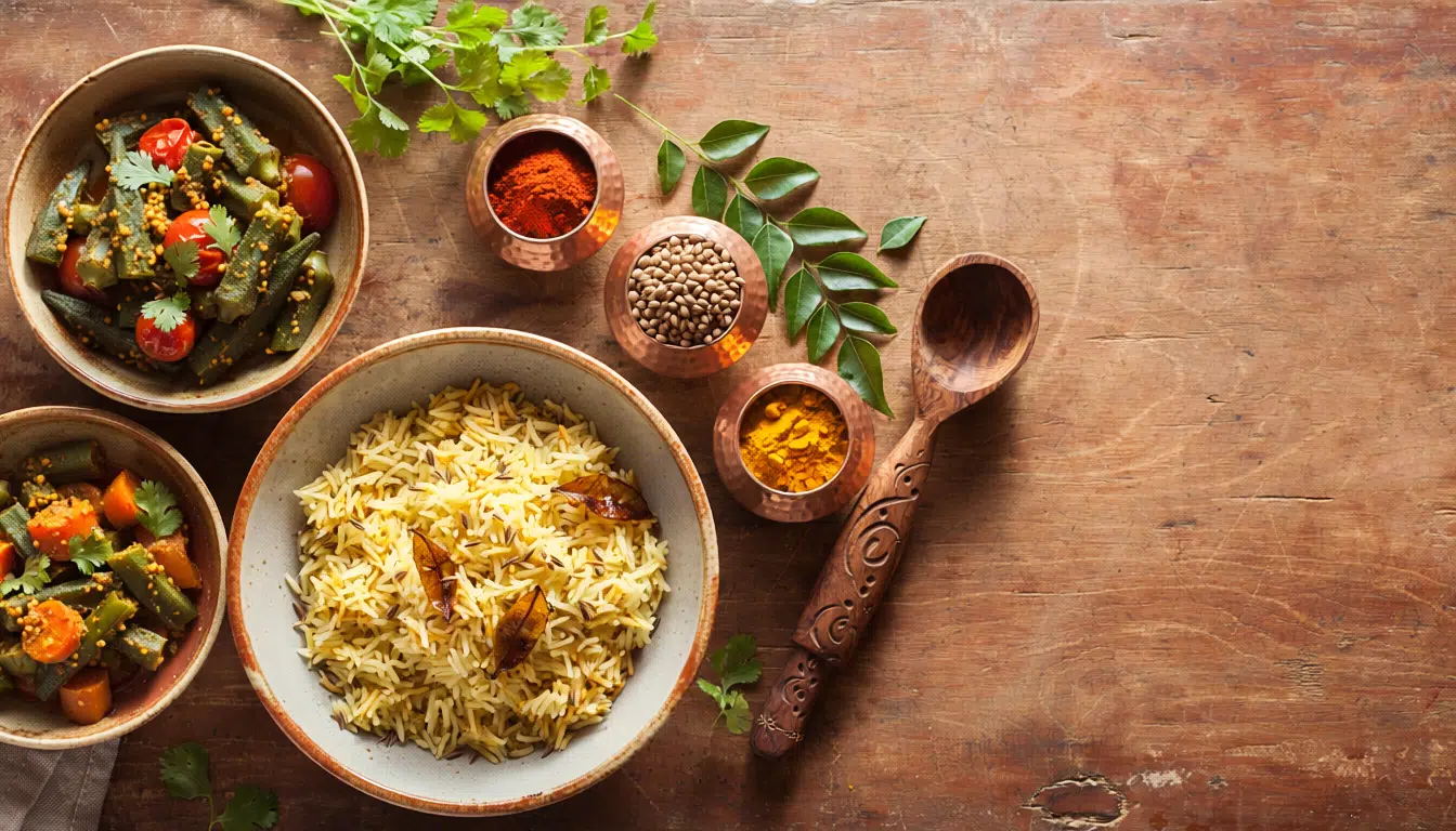 Ayurvedische Mahlzeit mit bunten Gewürzen, Kräutern und Gemüse auf rustikalem Holztisch – Draufsicht