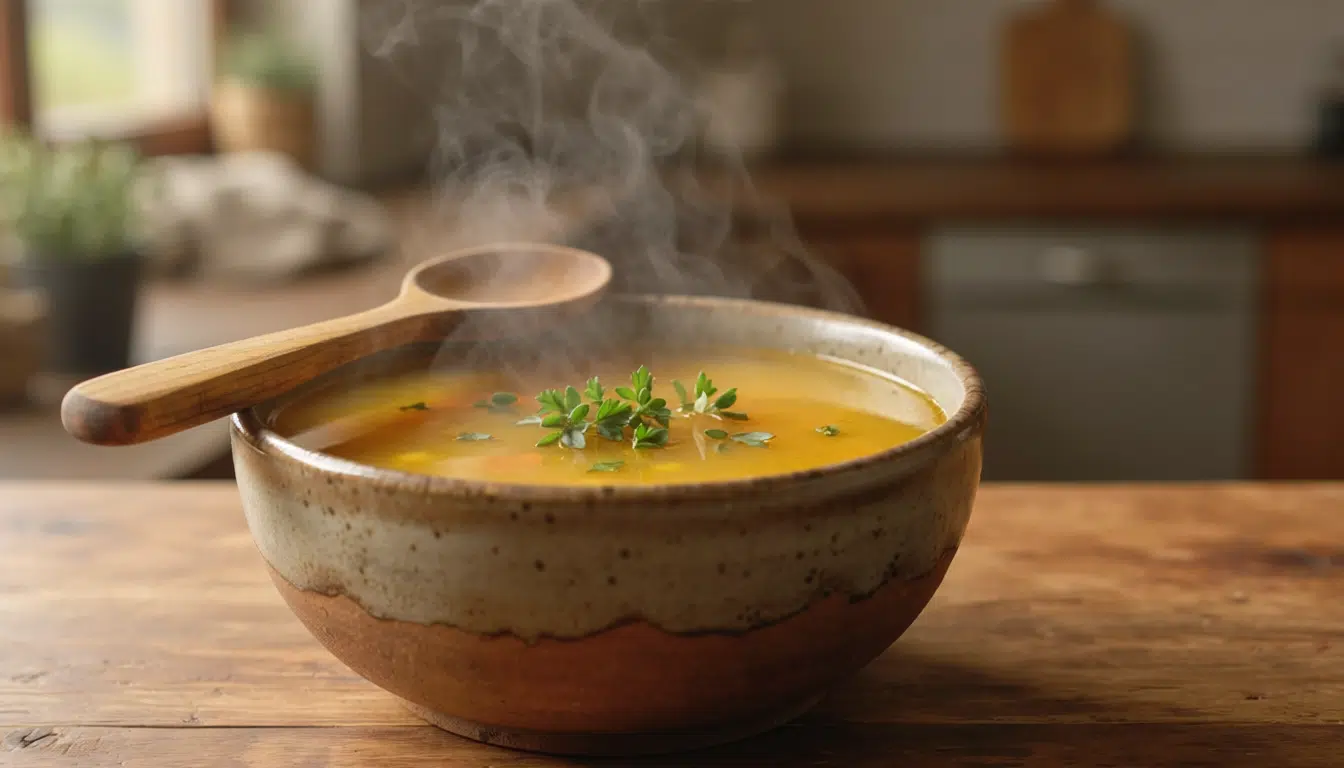 Warme Suppe dampft in Tonschüssel – symbolisiert Agni, das ayurvedische Verdauungsfeuer
