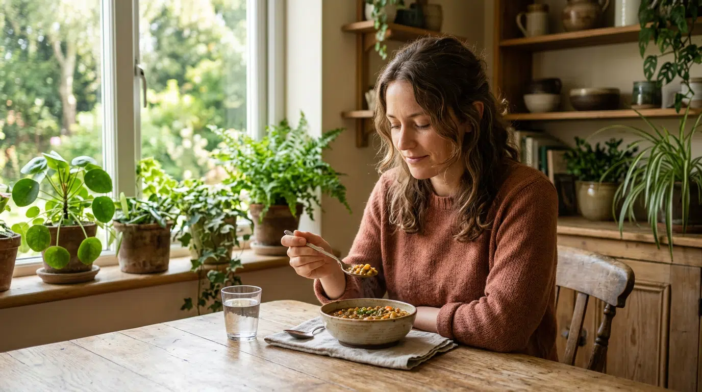 Person isst bewusst eine warme Mahlzeit am gedeckten Tisch ohne Ablenkung durch Smartphone