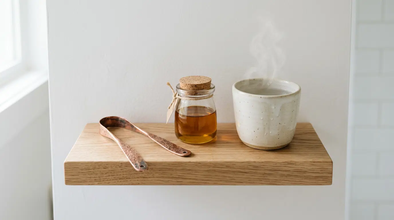 Minimalistische Morgenroutine: Zungenschaber, Ölglas und Wasserglas auf Badezimmerablage