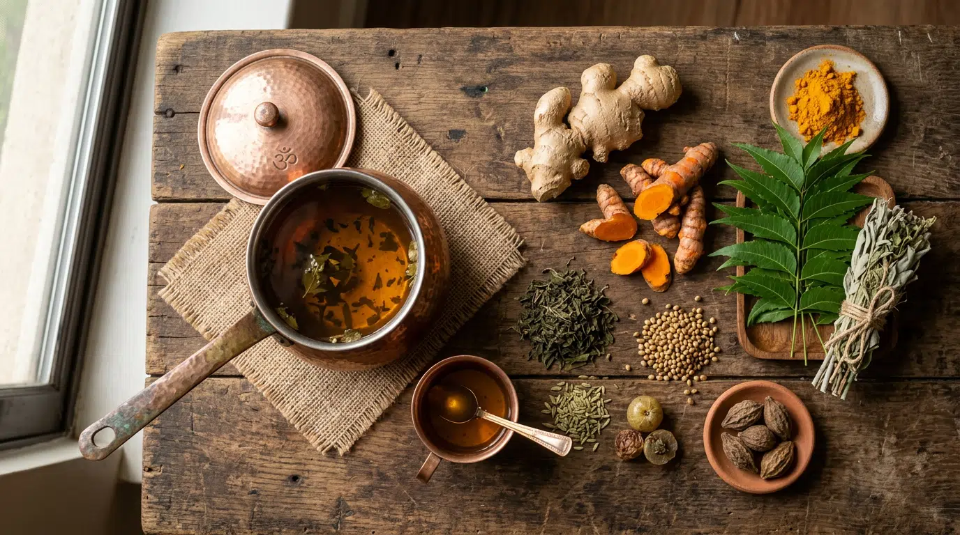 Ayurveda Detox: Kräutertee, frische Kräuter und Kupferkrug auf Holztisch im Morgenlicht