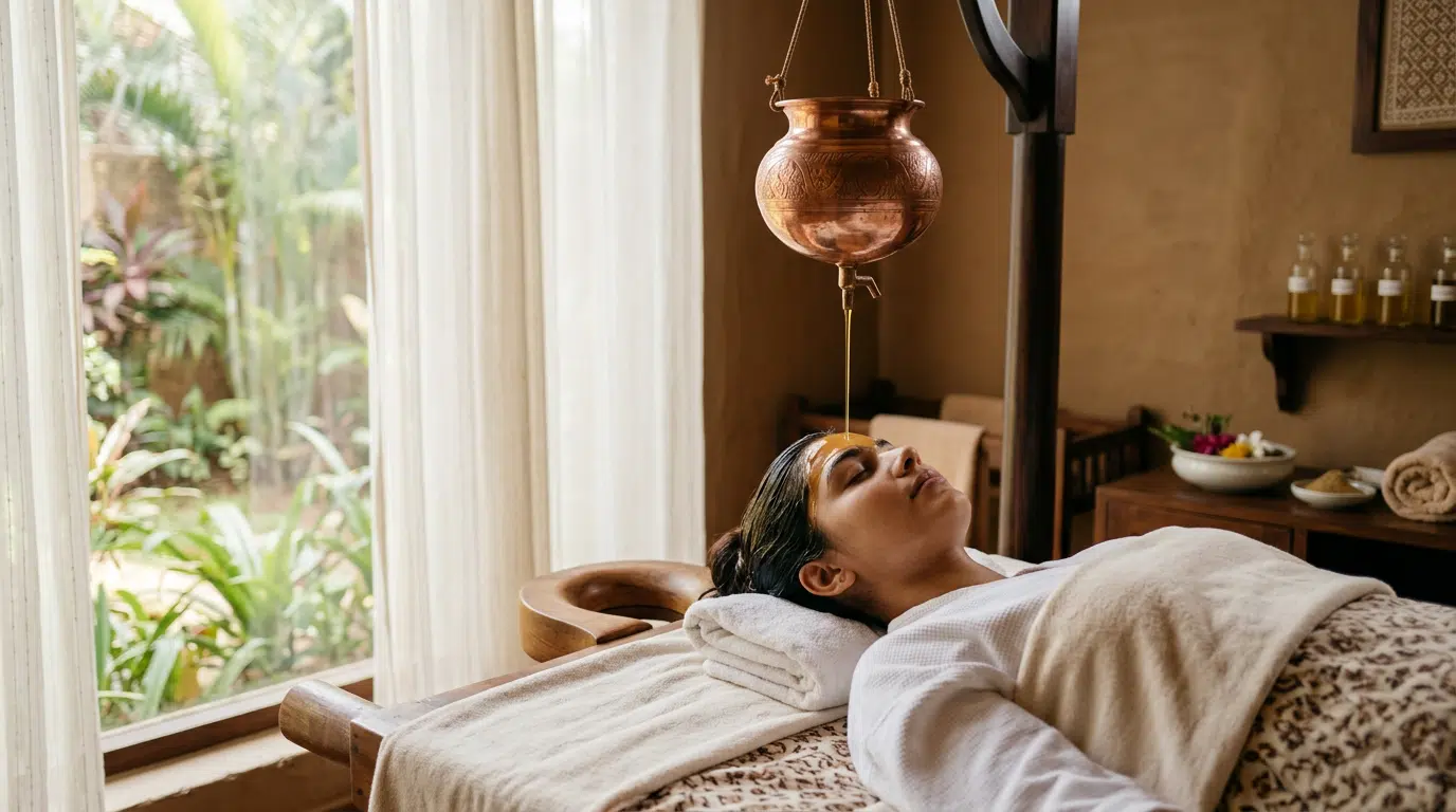 Ayurvedische Shirodhara-Behandlung: Ölstrahl auf die Stirn – professionelle Behandlung