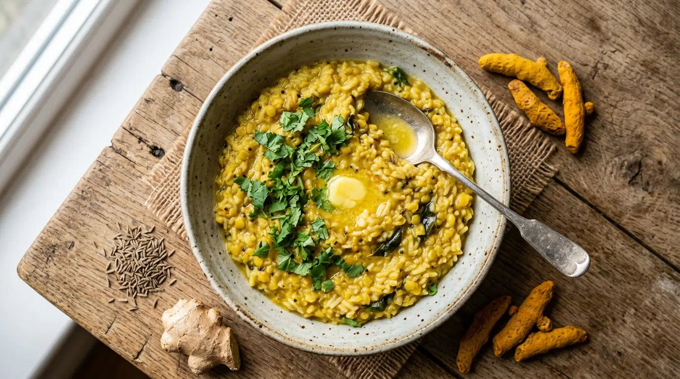 Kitchari in Tonschüssel: ayurvedisches Mungbohnen-Reisgericht mit Gewürzen und Ghee