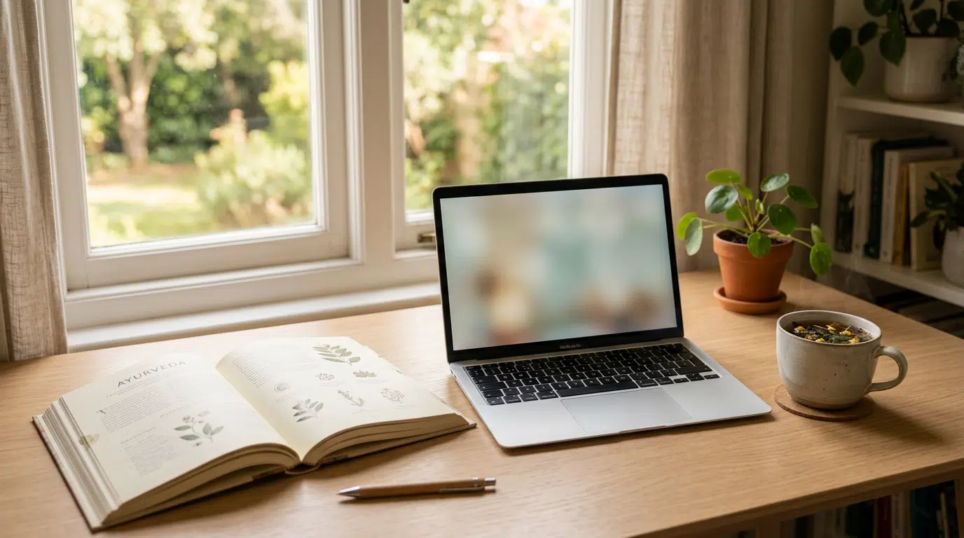 Aufgeschlagenes Buch über Ayurveda neben einem Laptop auf einem Holzschreibtisch