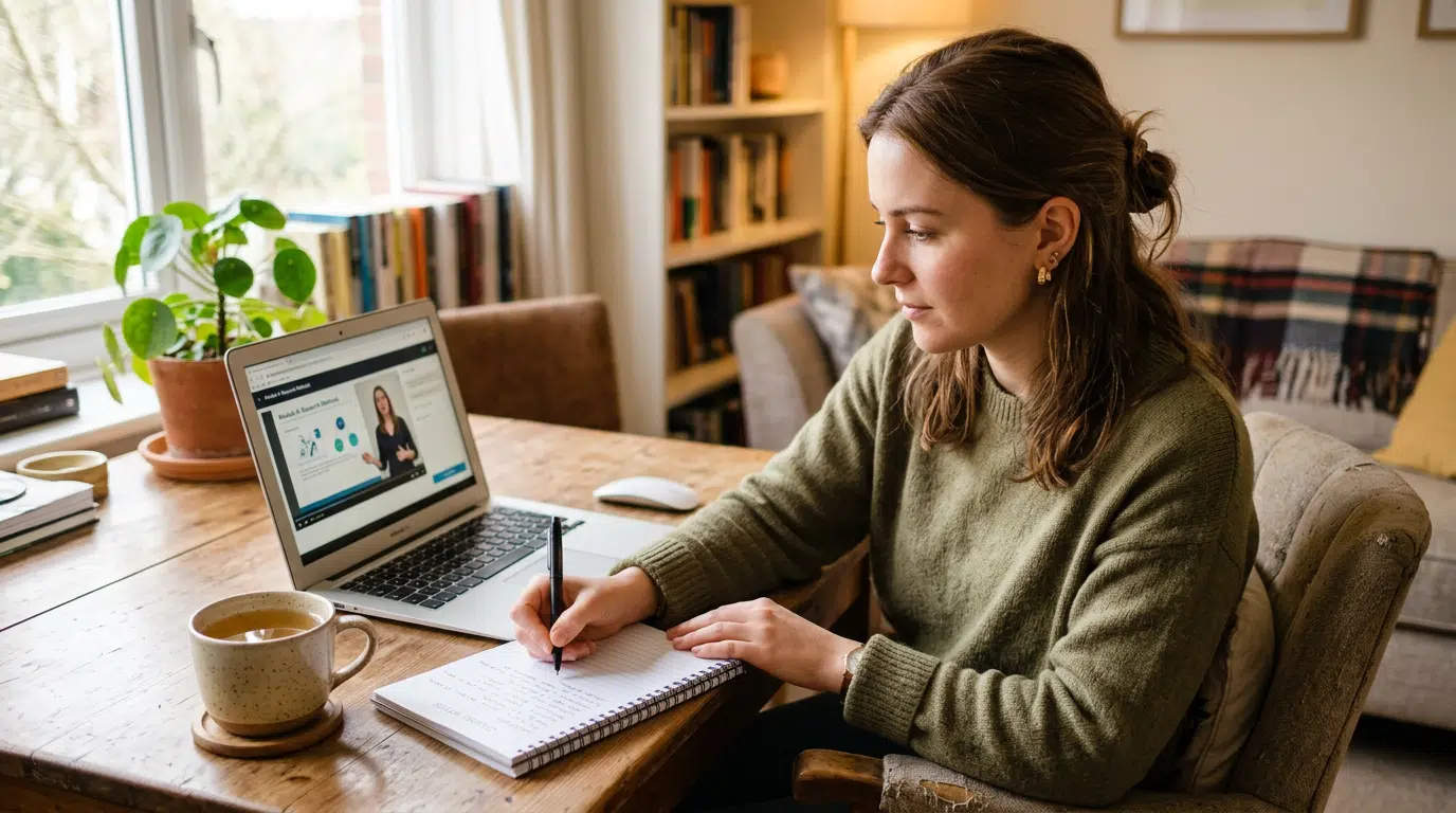 Person lernt entspannt einen Ayurveda-Onlinekurs am Laptop mit Notizbuch und Tee