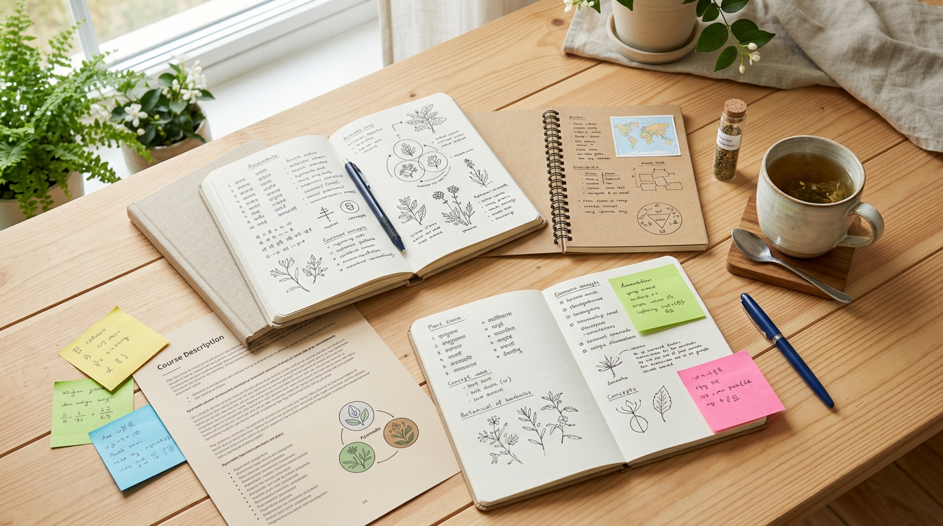Verschiedene Ayurveda-Kurs-Themen auf Notizen nebeneinander – Auswahl und Vergleich