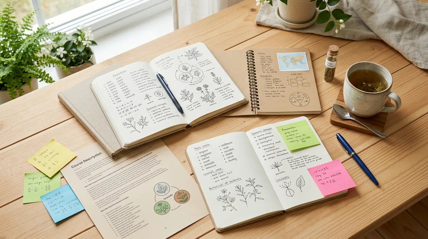 Verschiedene Ayurveda-Kurs-Themen auf Notizen nebeneinander – Auswahl und Vergleich
