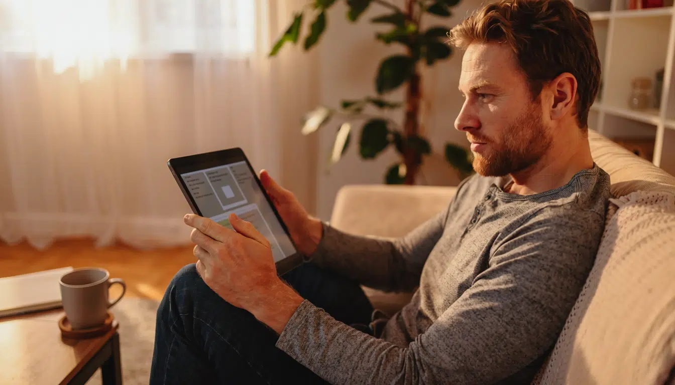 Person wählt nachdenklich zwischen verschiedenen Kursoptionen auf dem Tablet