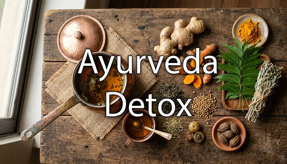 Ayurveda Detox: Kräutertee, frische Kräuter und Kupferkrug auf Holztisch im Morgenlicht